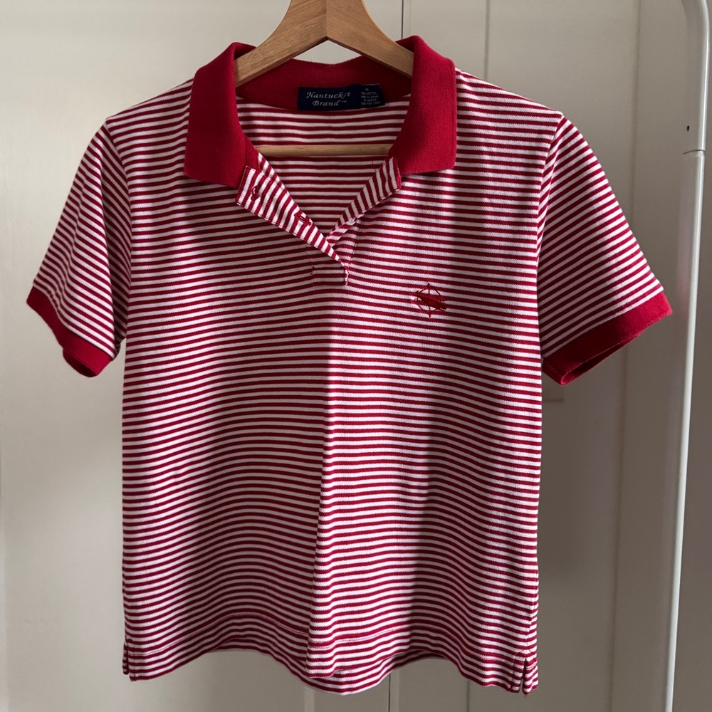 Nantucket 100% Cotton Red and White Striped Polo Shirt with Embroidered Logo